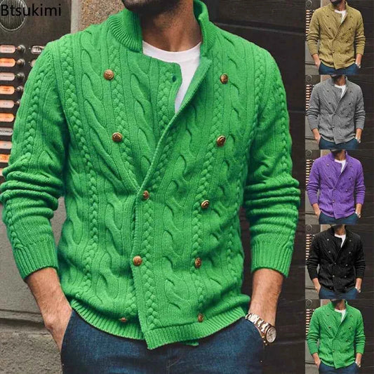 New 2026 Autumn Winter Knitted Cardigan Men Double Breasted Sweater Coat Male Streetwear Winter Warm Turtleneck Men Clothing