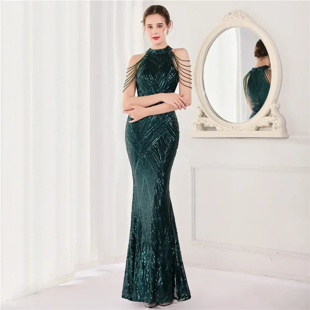 Xmas Sequin Maxi Dress Halter Neck Stripe Mermaid Long Lady Coctail Prom Dress Party Evening Dancing Performance Shimmering Wear