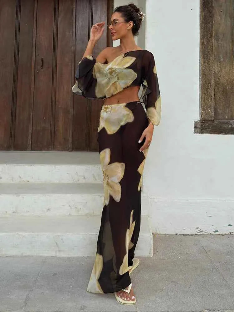 Kliou Floral Print 2 Piece Set Woman Skew Collar Full Sleeve Navel Exposed Tops+Elastic Waist Long Skirts Vacation Elegant Suits