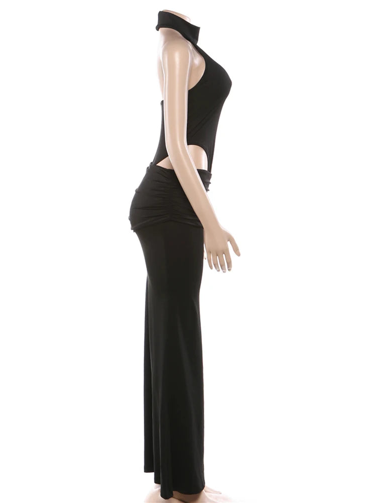 Kliou Sexy Hipster 2 Piece Set Woman Halter Turtleneck Backless Skinny Bodysuits+Elastic Waist Long Skirt High Street Style Suit