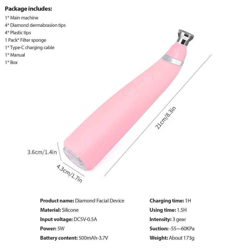Máquina portátil de microdermoabrasão de diamante, dispositivo de peeling facial, esfoliação a vácuo, removedor de cravos com 4 pontas de peeling de diamante