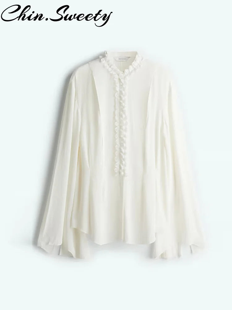 Conjunto feminino de saia e camisa urbana, gola redonda, manga comprida, botões, babados em cascata, zíperes, saias,  2025