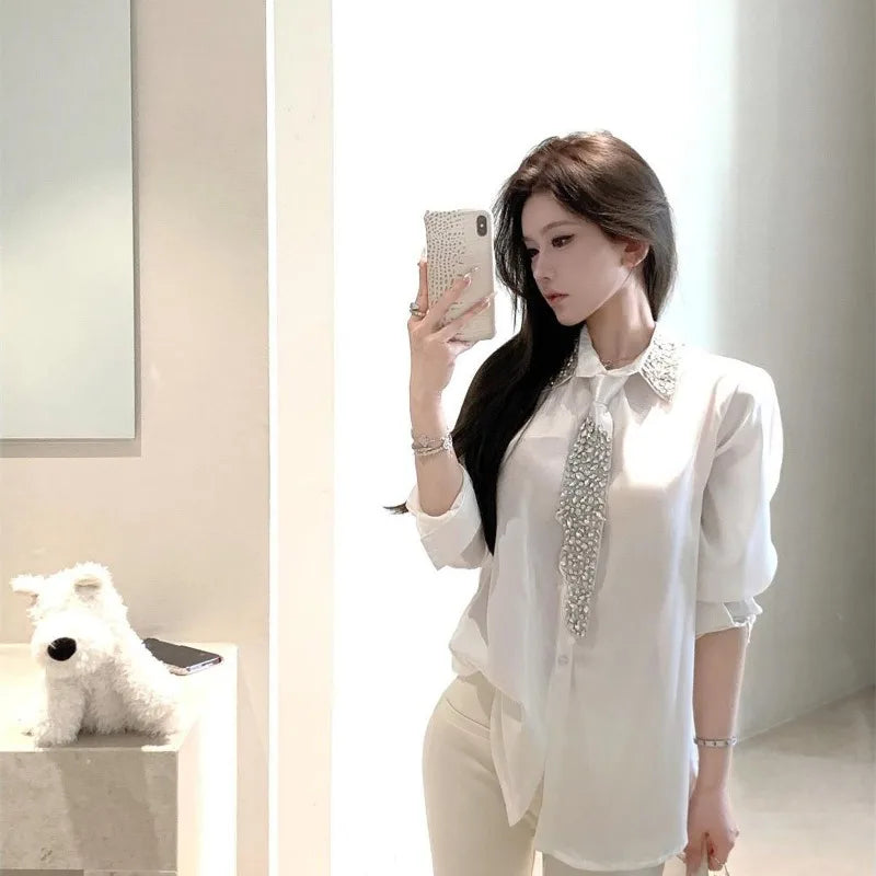 Camisas de cetim com gravata diamantes para mulheres, blusas soltas de manga comprida com lapela e lapela, elegantes francesas, para combinar com todas as mulheres, primavera 2025
