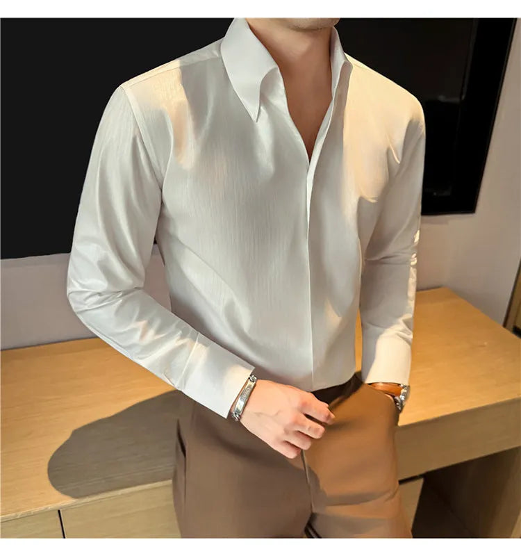 2026 Spring Fashion Big Collar Design Long Sleeved Shirt High Quality Men's Business Slim Fit Social Tuxedo Cotton Shirts