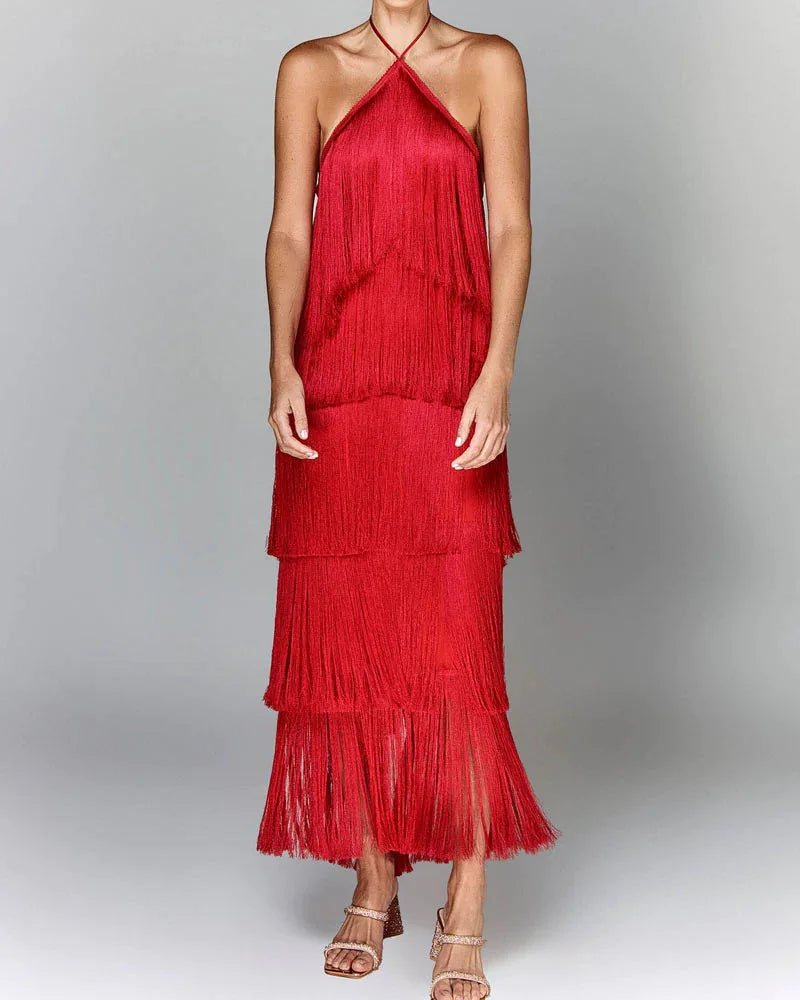 Fashion Neck Fringed Backless Slit Dress for Women
