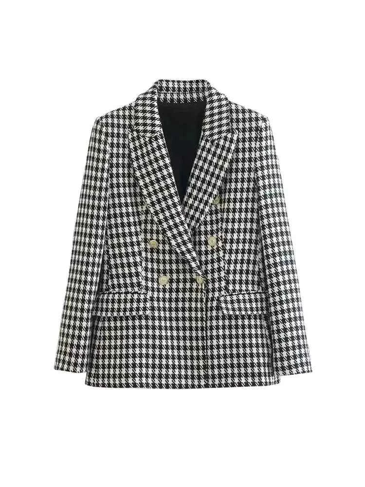 Women Fashion Double Breasted Houndstooth Blazer Coat Vintage Long Sleeve Flap Pockets Female Outerwear Chic Vestes