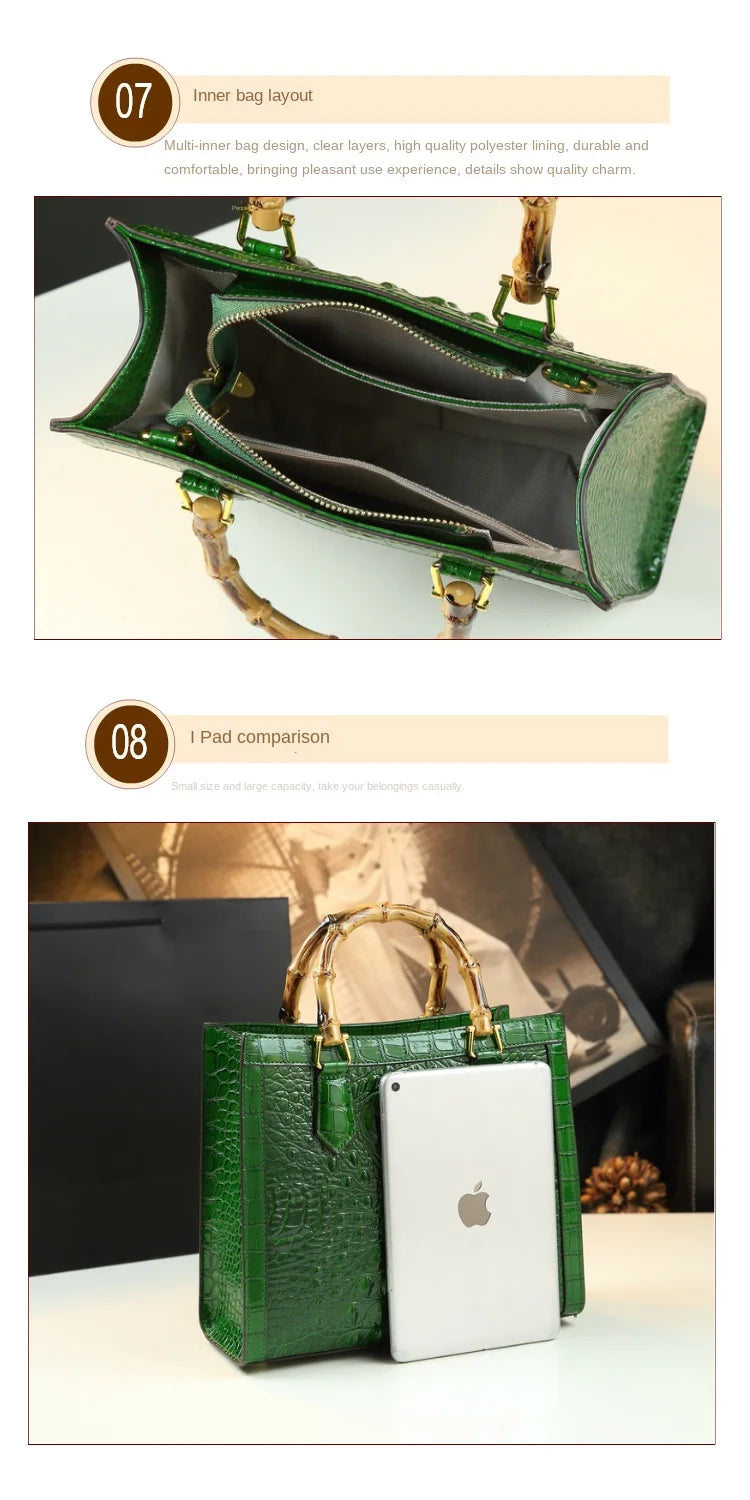Brand Genuine Leather Real Bamboo Women's Bag Crocodile Pattern Handbag Portable Tote Bag Mom Tide Shoulder Messenger Bags