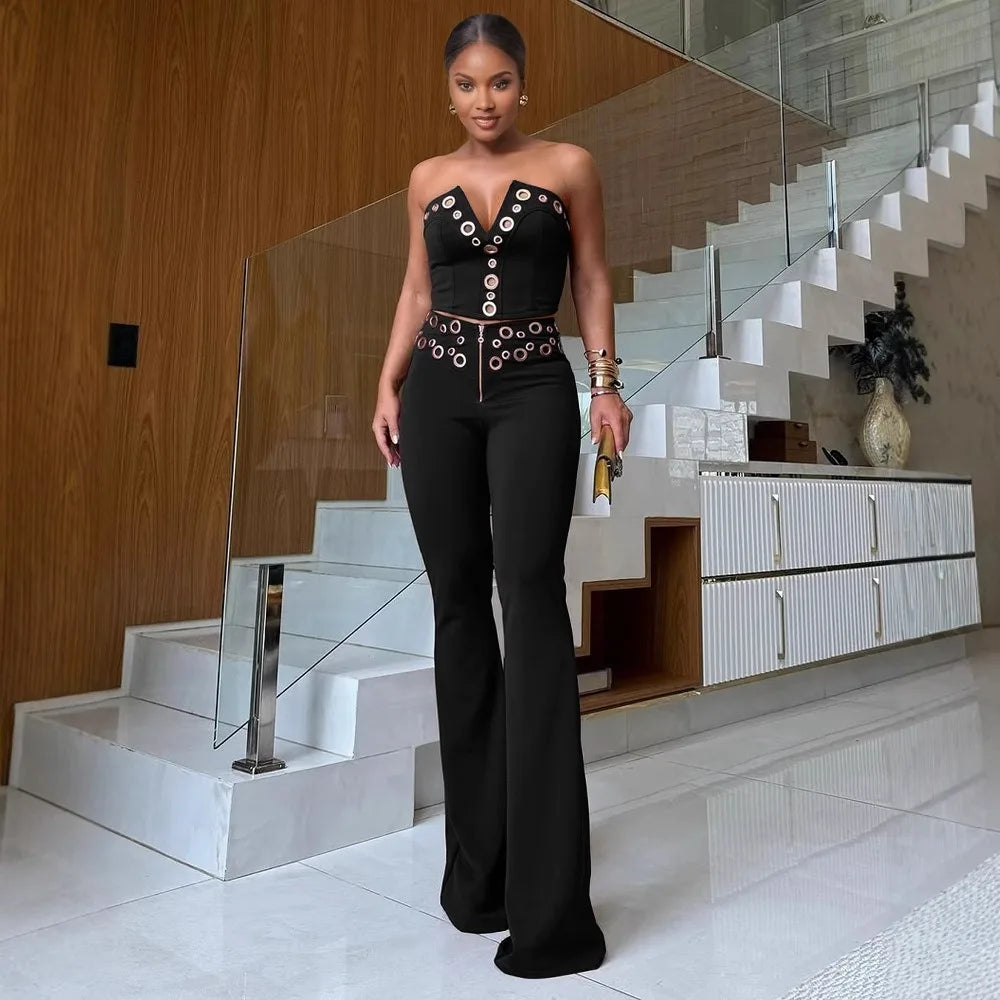 FLARORA Fashion Metal Ring Holes 2 Pcs Sets Woman Sleeveless Hollow Out Crop Tops And High Waist Flare Pants Elegant Streetwear