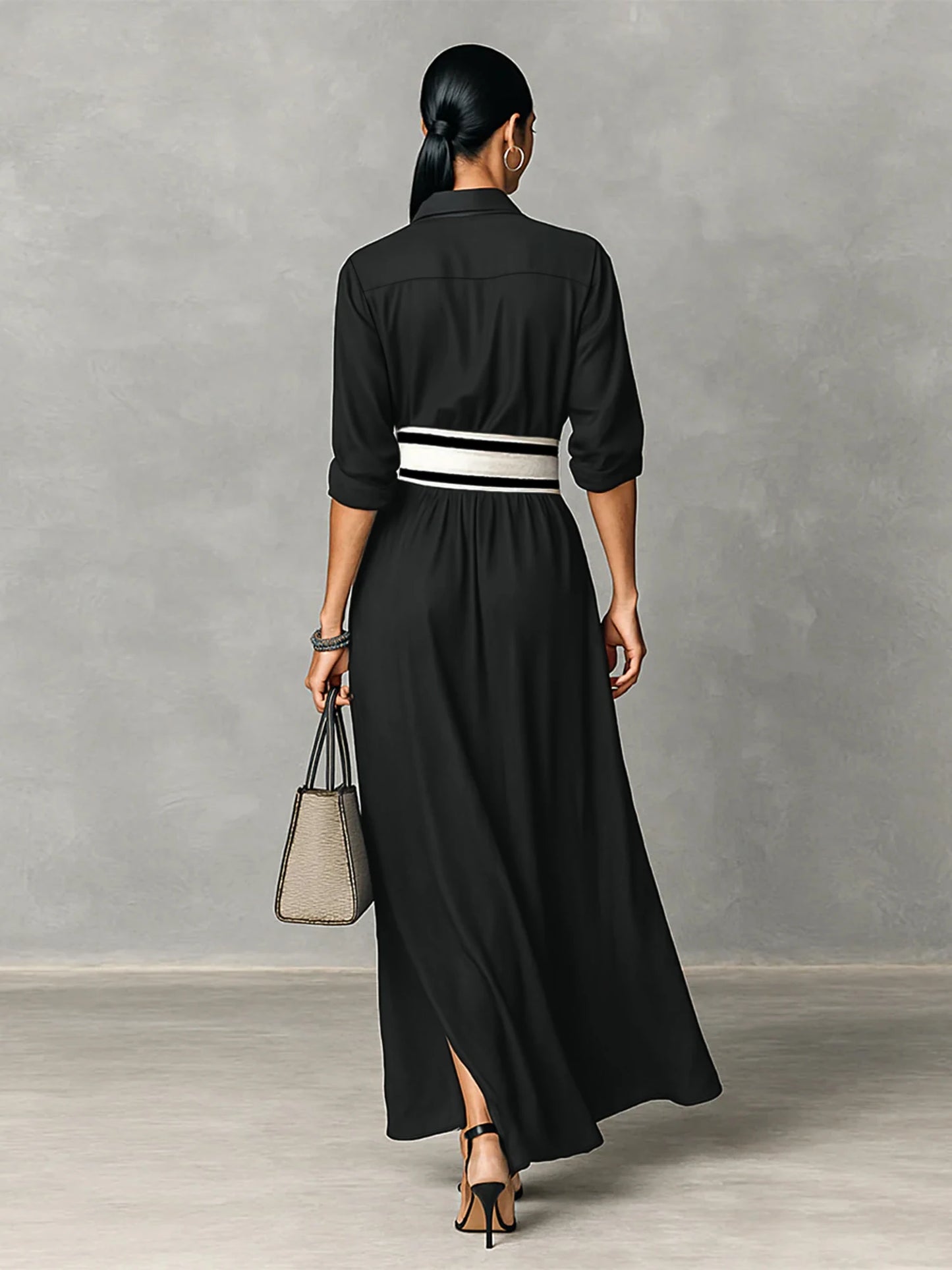 Women's Shirt Maxi Dress with Wide Striped Belt | Roll-Up Sleeve High Slit Elegant Casual Formal Outfit