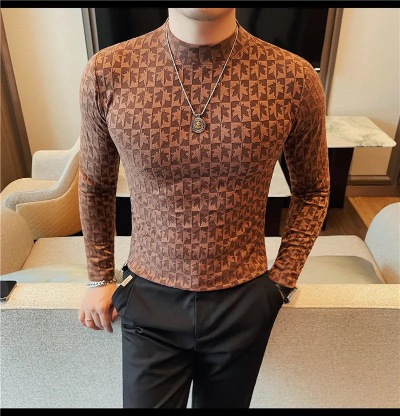 Camiseta elástica estampada de gola alta semi alta para homens, roupas de outono, nova, mangas compridas, jacquard, justa, cor sólida, camiseta slim fit