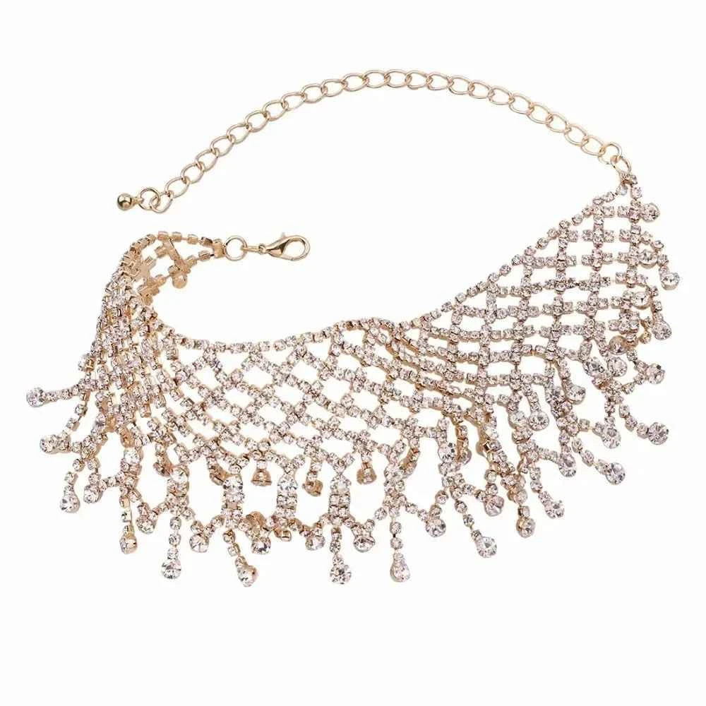 Sparkling Tassel Necklace Luxury Chain Rhinestone Mesh Female Boho Short Crystal Choker Neckband Chunky Necklace Wedding Jewelry
