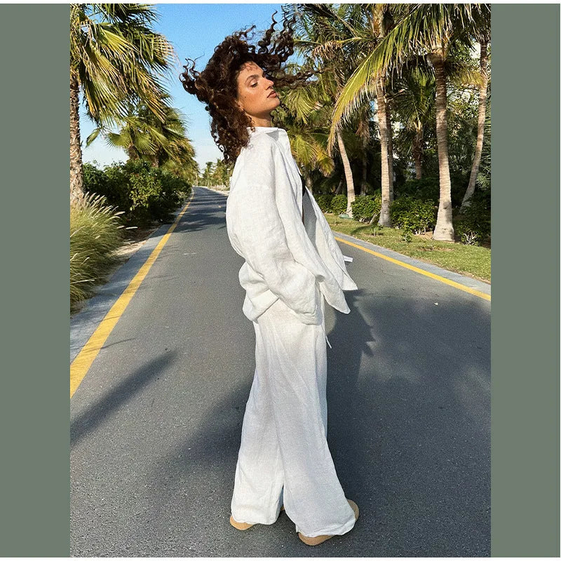 Conjunto casual de calças retas e soltas, moda primavera e outono, manga comprida, camisa de botão único, roupa chique