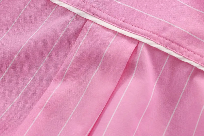 TRAFZA Women 2 Piece Set Elegant High Waist Loose Drawstring Pocket Wide Leg Pants Stripe Lapel Pocket Button Shirt Top Traf