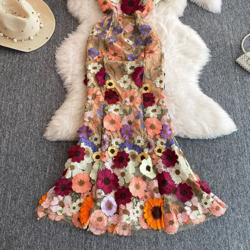 Summer High-end Embroidery Lace Prom Dress Women French Luxury 3D Flower Short Sleeve Long Dress Party Bodycon Holiday Vestido