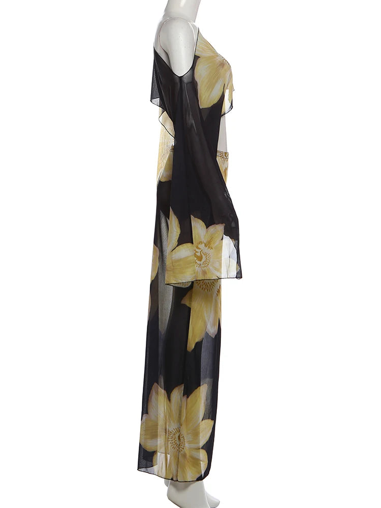 Kliou Floral Print 2 Piece Set Woman Skew Collar Full Sleeve Navel Exposed Tops+Elastic Waist Long Skirts Vacation Elegant Suits
