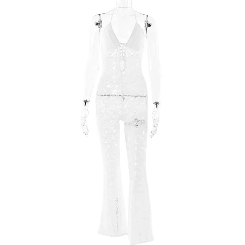 GACVGA Sexy Lace See Through Women Jumpsuit Backless Slim Streetwear Bandage Romper Lady Elegant Summer Party Nightclub Jumpsuit