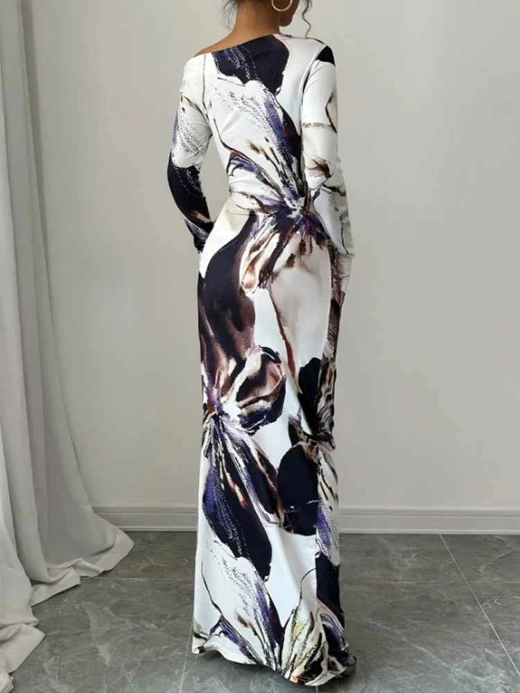 Fashionable Elegant Slim Fit Printed Long Dresses For Women Sexy Slanted Shoulder Long Sleeved Dress Spring Summer 2025 New