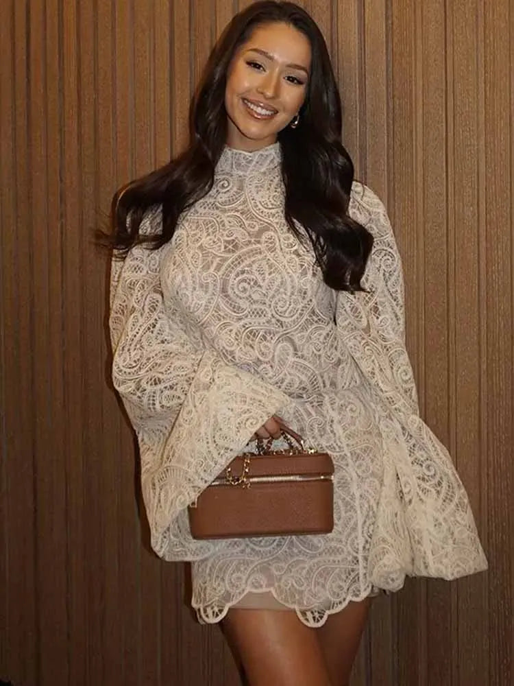 Lace Elegant Skirt Two Piece Set Women Turtleneck Hollow Out Lantern Sleeve Tops Irregular Hem Mini Skirt 2025 Chic Party Suit