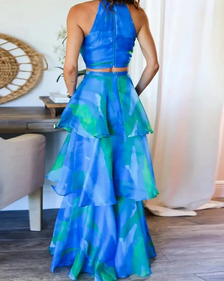 Cake Skirt Set Women Dress Sets Two Piece Sets Sexy Print Sleeveless Short Tops Elegant Splice High Waist A Line Long Skirts