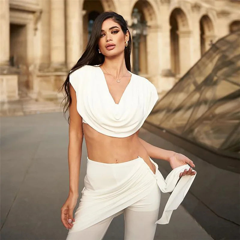 Conjunto de Calças Plissadas Decote em V Umbigo Exposto Sem Mangas Top Curto Slim Fit Calças Abraçando o Quadril