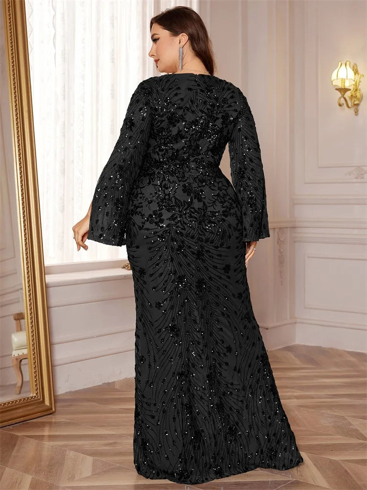 XUIBOL Plus Size Luxury Green Evening Dresses Women 2025 Long Sleeve Mermaid Formal Sequins Prom Wedding Party Cocktail Gowns