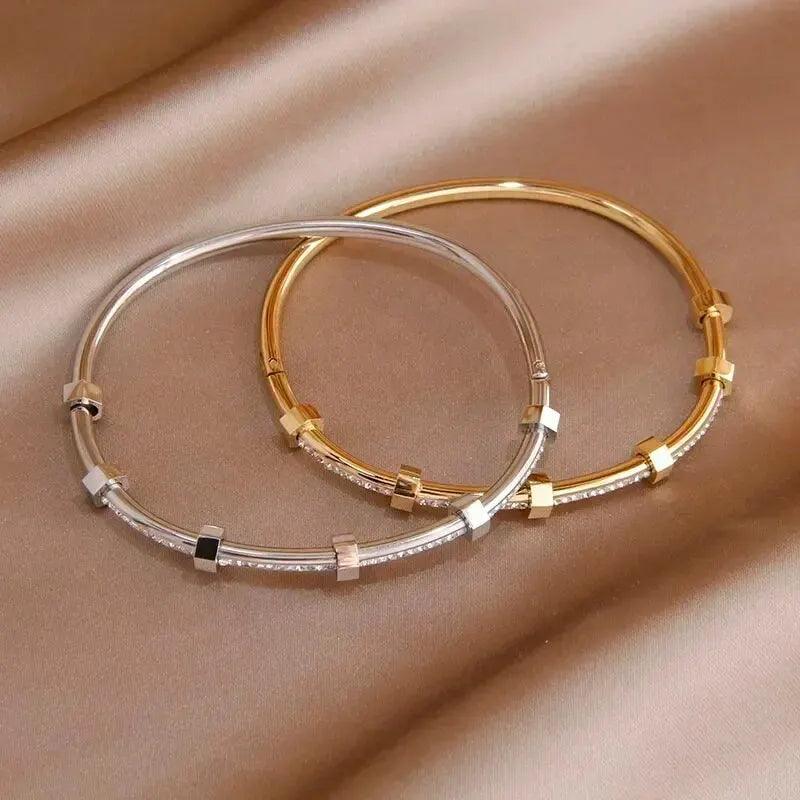 Gold Color Full Crystal Stone Open Bangle For Women Delicate Punk Girls Silver Color Geometric Tube Spacer Ins Bangle Jewelry - CRAVO ROSE