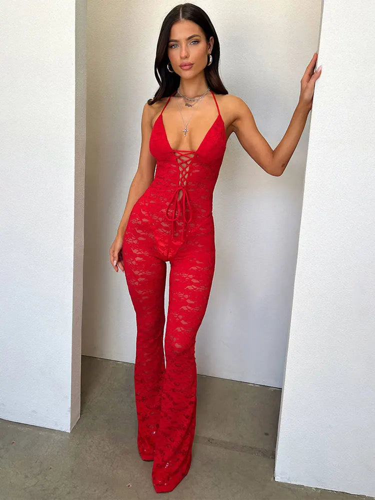 GACVGA Sexy Lace See Through Women Jumpsuit Backless Slim Streetwear Bandage Romper Lady Elegant Summer Party Nightclub Jumpsuit