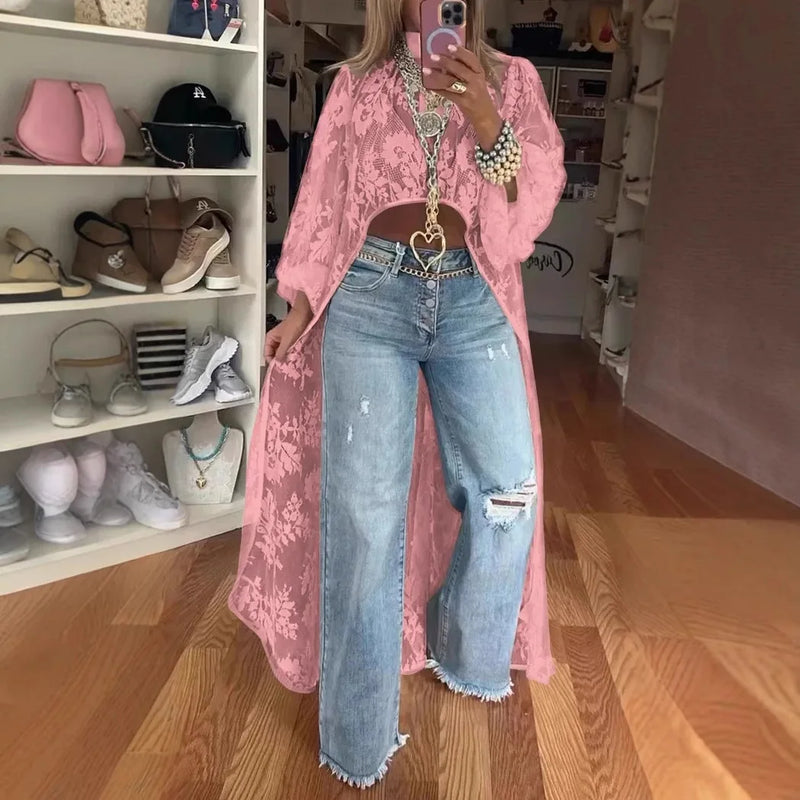 Blusa feminina nova moda 2025 com renda floral e gola alta, manga bufante, frente vazada, curta e longa