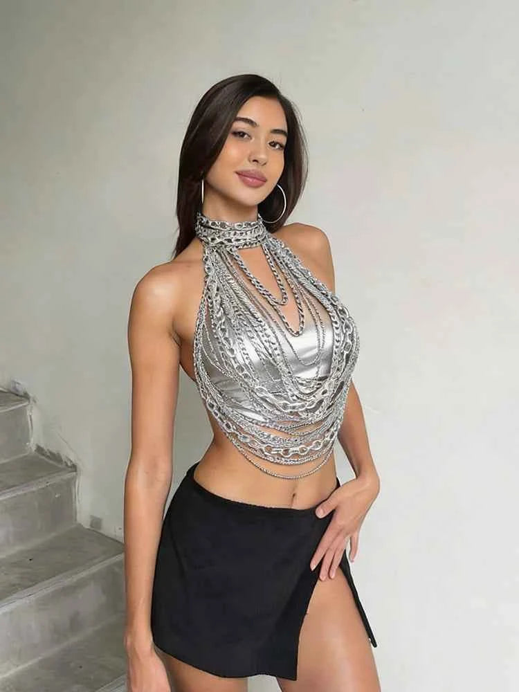 Silver Metal Chain Halter Top Sexy Layered Body Chain Vest Women Festival Rave Party Clubwear Lingerie Jewelry Accessory