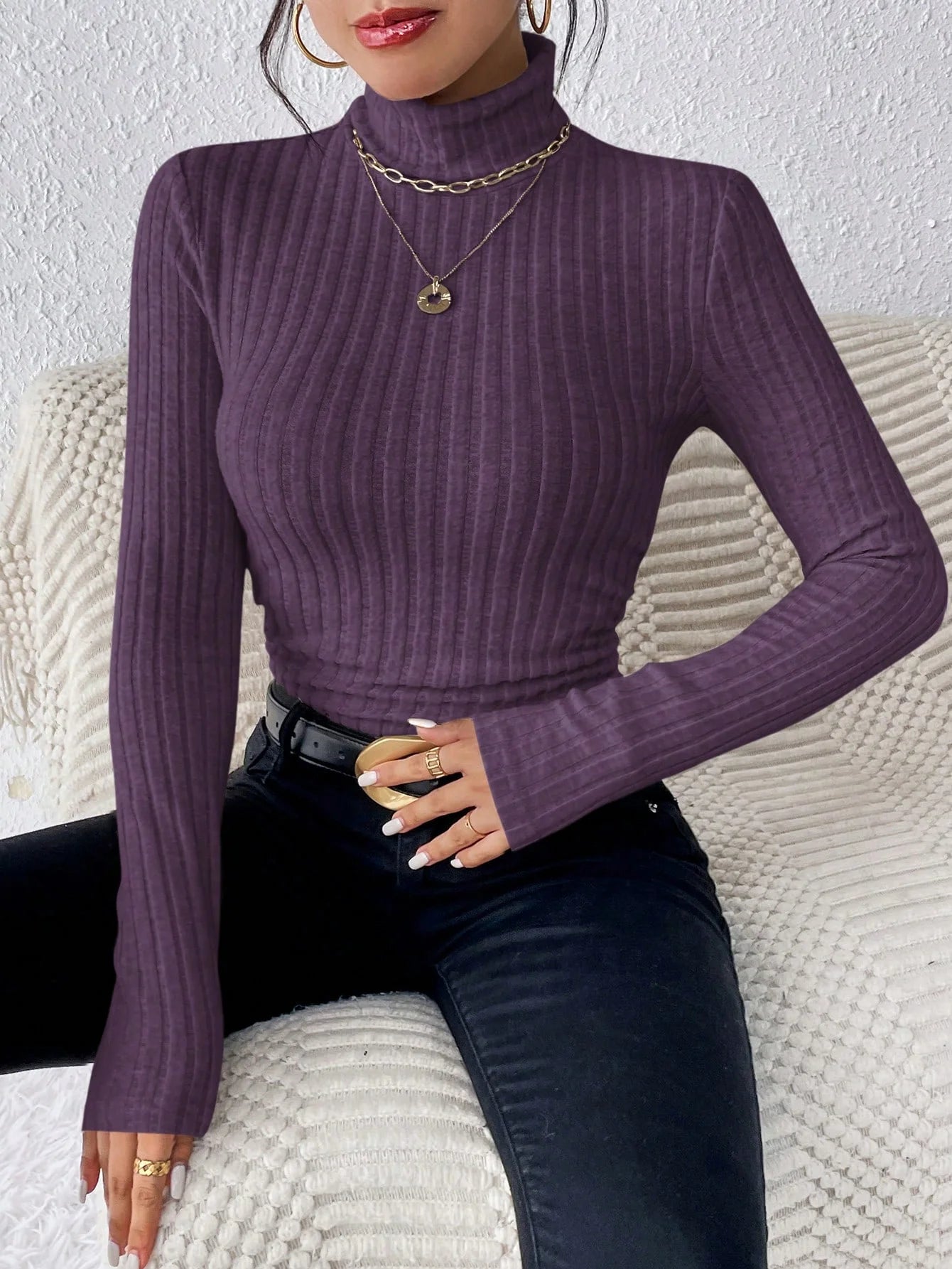 Autumn and winter high-neck solid color casual and elegant long-sleeved brushed pit knitted T-shirt top