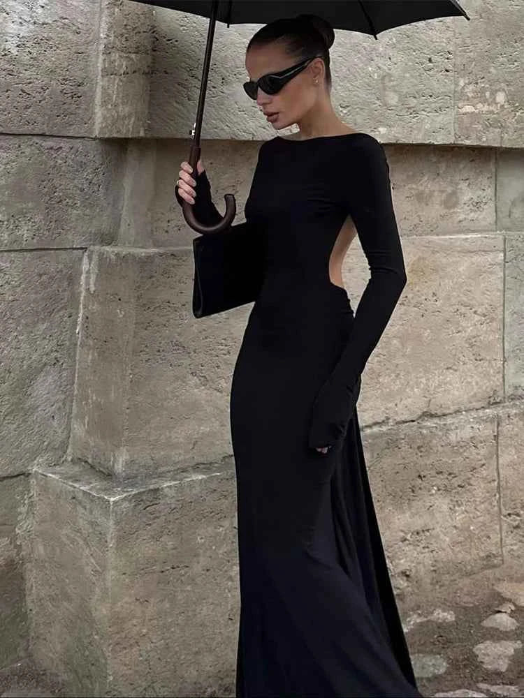 Sisterlinda Classic Bead Backless Dress Women Sexy Slash Neck Full Sleeve Simple Fashion Stretch Banquet Party Elegant Vestidos