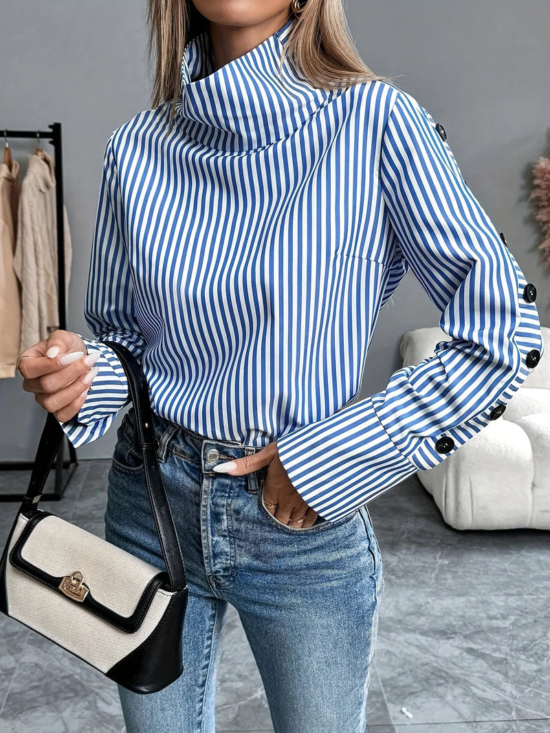 Women's shirts 2025 spring new long-sleeved women turtleneck striped shirt tops elegant office ladies patchwork button pullover