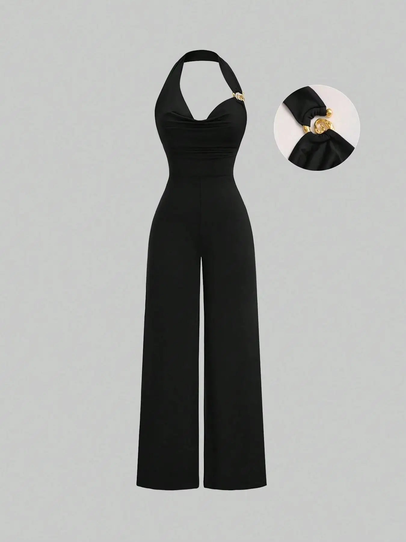 Women's Slim Fit Jumpsuit Backless Halter Casual Daily Commuting Outfit Fashionable Metal Decor