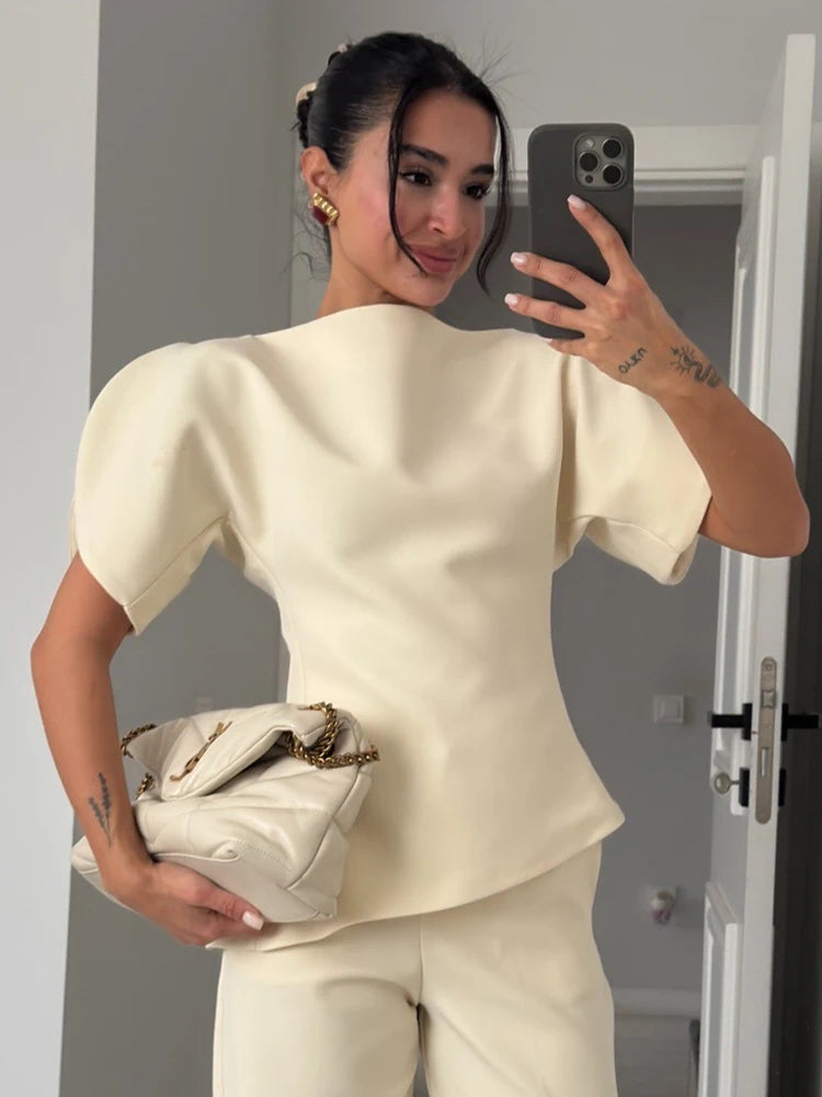 SLTNX Women's Elegant Vintage Short Puff Sleeve O-Neck Asymmetrical Hem Blouse - 2026 Spring Summer Y2K Streetwear Top
