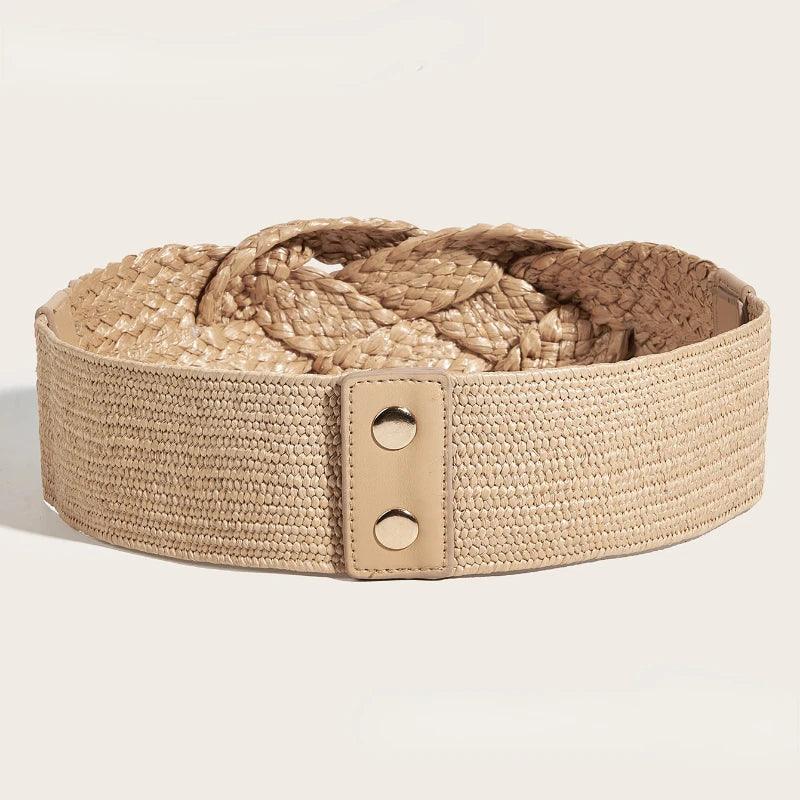 Europe Style Elastic Wide Belt Women's All-match Hand-woven Dress Belt Camel Color Girdle Linen Woven PP Straw Belt Beach Style - CRAVO ROSE