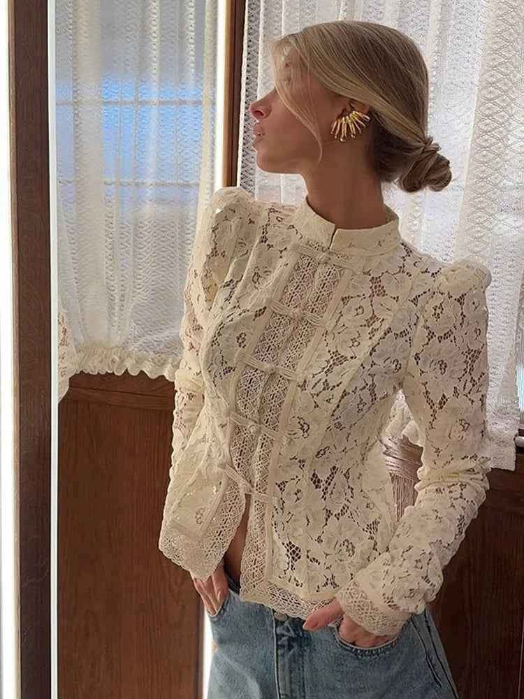 Retro Solid Chinese Hollow Lace Shirt Women Chic O-Neck Long Sleeve Slim Knit Top Summer 2026 Fashion New Street Floral Blouses