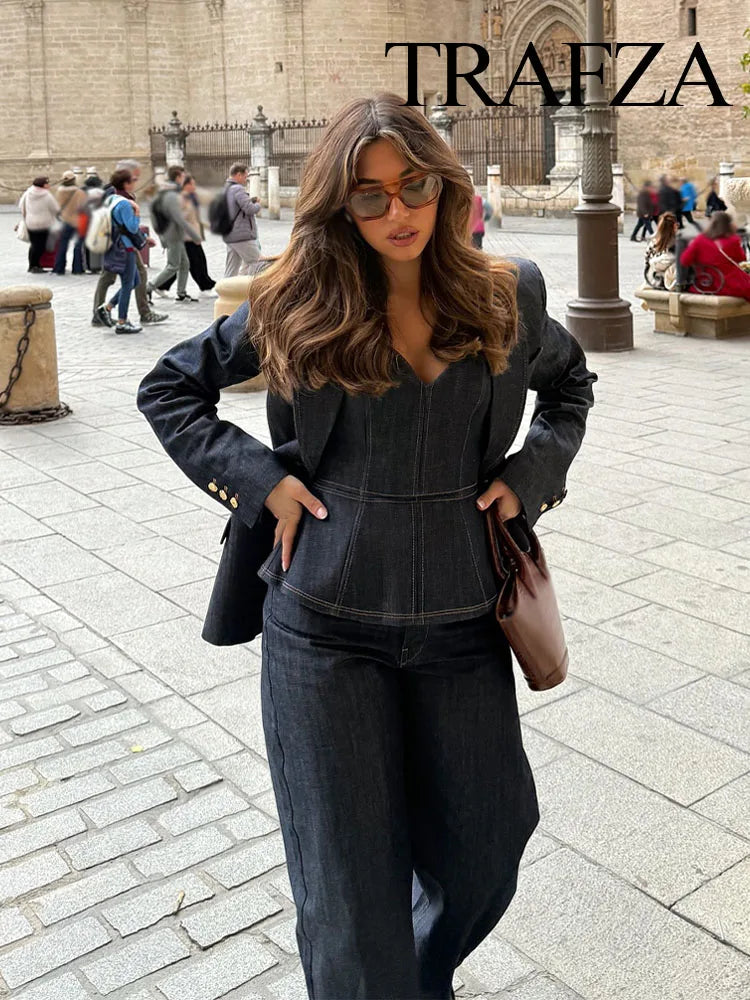 TRAFZA 2025 Conjunto de Blazer e Calça Jeans , Casaco Slim com Gola Redonda + Corpete com Decote em V + Jeans Feminino Vintage de Perna Larga