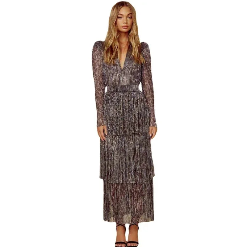 Vestido Feminino Plissado Costura Cintura Alta Vestido Feminino Manga Bufante Decote Em V Irregular Festa À Noite Vestido Elegante