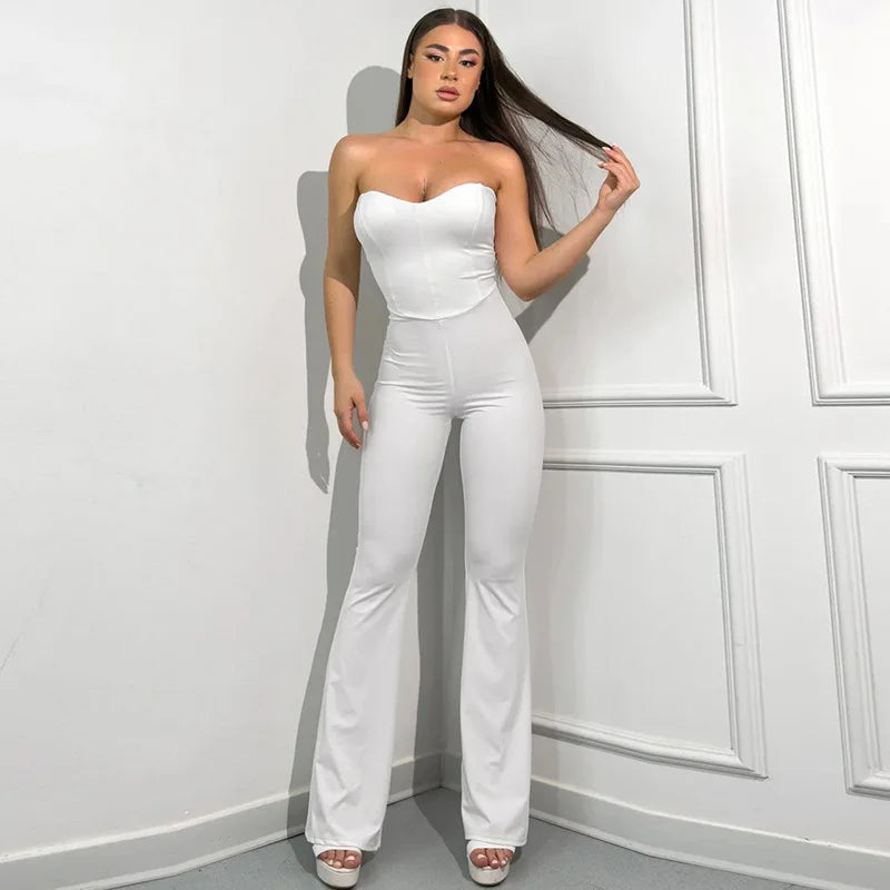 2025 Summer Women's Solid Color Back Strap Strapless Strapless Open Shoulder Tight Micro Flared Pants Jumpsuit