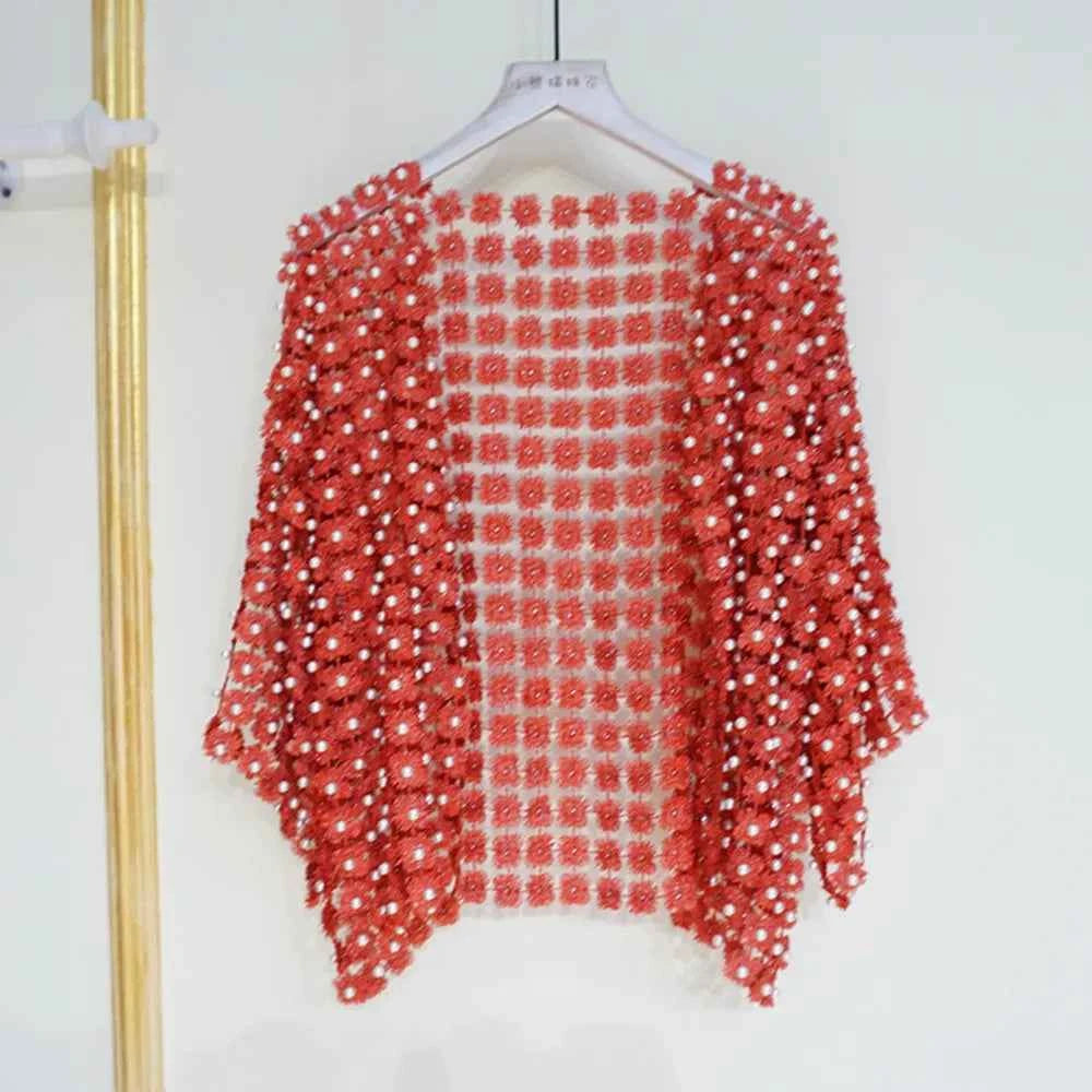 Women Beads Coat 2025 Summer Style Women Perspective Shawl Fashion Hollow Out Lace Boleros Short Sleeve Coats Jackets Femal
