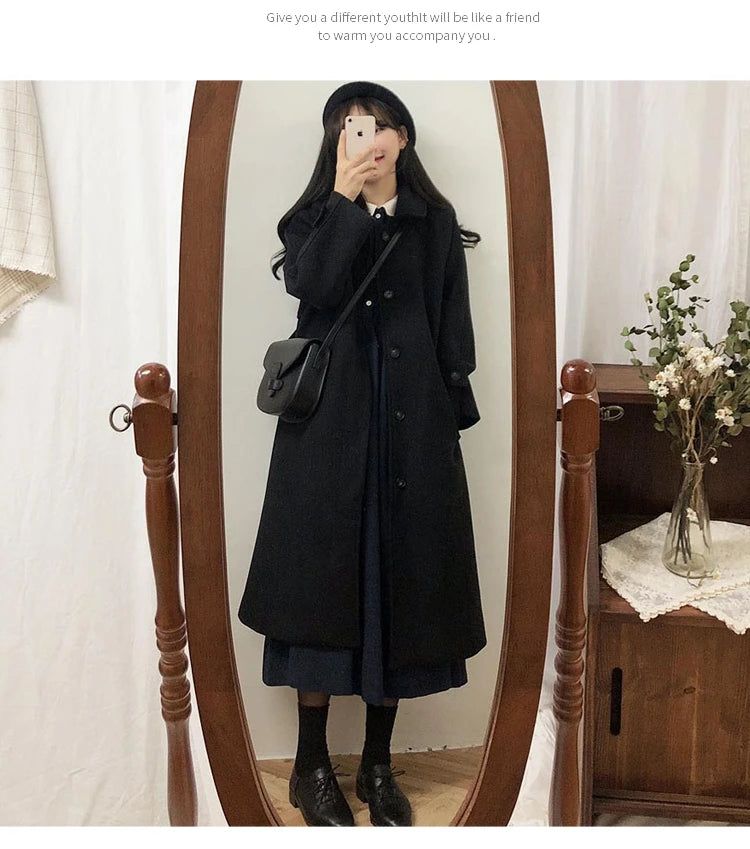 Autumn Winter Korean Style Loose Woolen Coat 2025 Slimming Knee-Length Tweed Women's Mid-Length Elegant Outerwear
