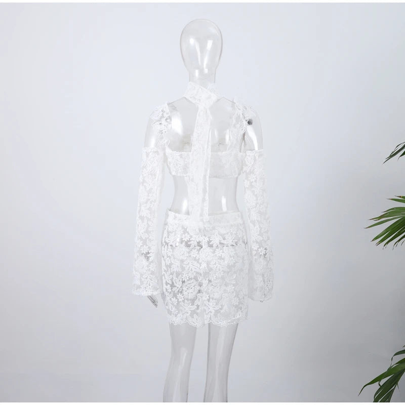 Lace Mini Skirt Set Women Hollow Out Cold Shoulder Crop Top Side Split Skirts Suit Female Summer Holiday Sexy Sets Lady Beach