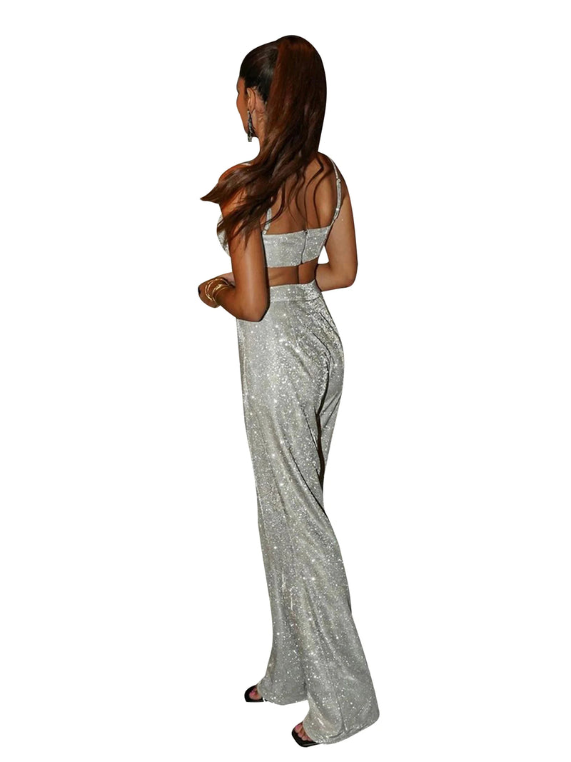 Women s 2 Piece Outfit Sparkle Sequin Sleeveless Cami Crop Top Bling Glitter High Waist Straight Leg Pants Set