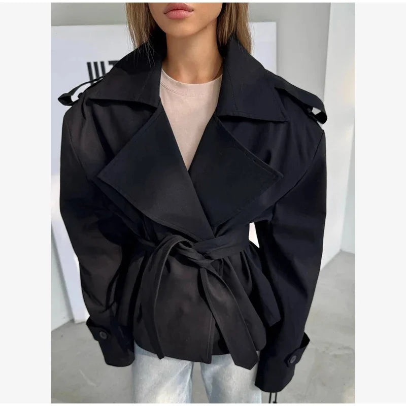 Women's Coat 2026 Spring New Style Solid Color Long Sleeve Belted Short Trench Coat European and American Personalized Fashion