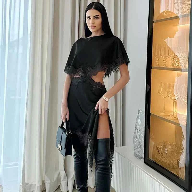 HXAO Cut Out Black Dress Woman Asymmetrical Lace Midi Dress Cape Sleeve Elegant Party Dresses Women Sexy Luxury Cocktail Dress