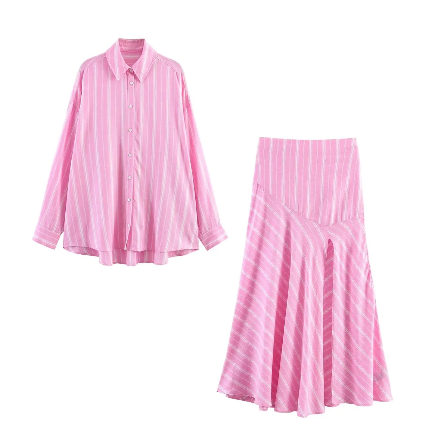Conjunto social (2 Peças): Camisa Listrada Rosa Oversized de Manga Longa e Saia Midi Plissada com Recorte e Zíper