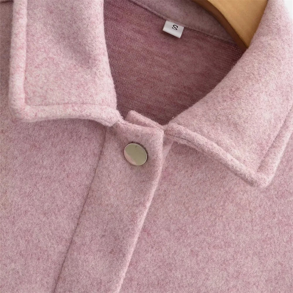 Casaco de lã feminino elegante e casual versátil de manga comprida e abotoamento simples