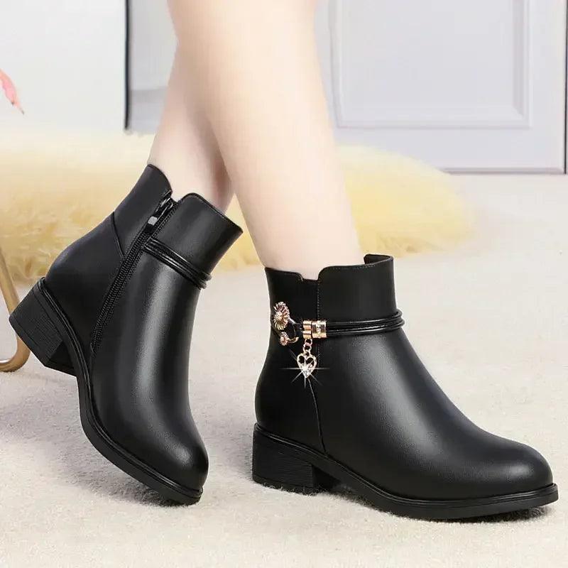 Soft Leather Mother Cotton Shoes Fashion Spring Winter Middle Heel Rhinestone Womens Snow Boots Comfortable Soft Sole Short Boot - CRAVO ROSE