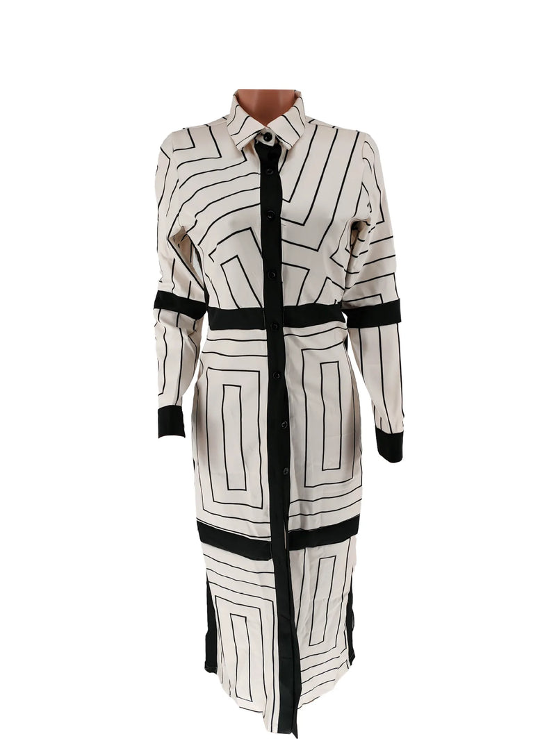 New Fashion Shirt Long Dress Women's Turn Down Button Elegant Office Lady Long Sleeve Dresses Women Casual Striped Maxi Dress