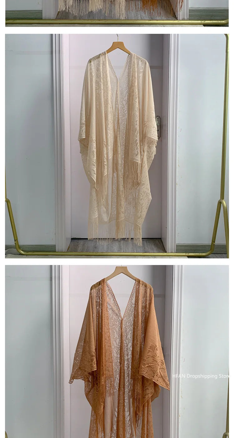 Women Sun Protection Shawl Lady Summer Hollow Out Lace Cardigan Holiday Bikini Blouse Breathable Beach Cape Sexy Long Tippet